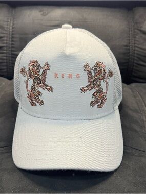 Supreme White Trucker Hat with Pink Lion Embroidery